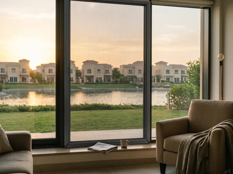Fixed frame mosquito screen on a townhouse window in The Springs, lake and villas at sunset beyond