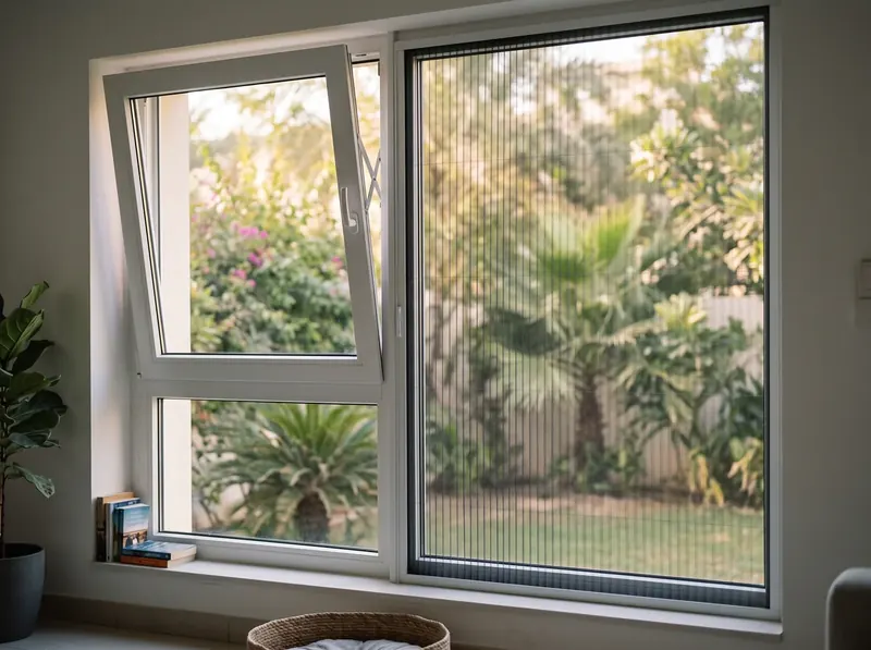 Tilt-and-turn window of a Dubai villa with a pleated mosquito screen behind the glass