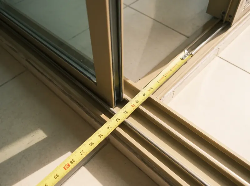 Tape measure across the bottom track of a sliding balcony door in a Dubai tower