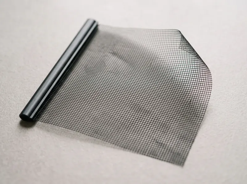 Swatch of very thin black ultra-view mosquito mesh with large clear openings