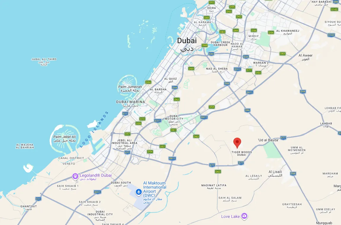 خريطة Google لدبي وعليها مكتبنا في Damac Hills 2