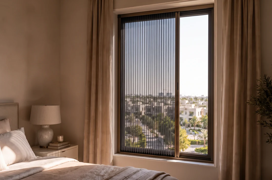 Dense fabric cuts the sun and the view from outside — the mechanism in the opening