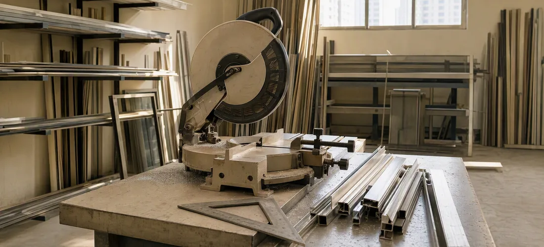 A saw set up to cut aluminium screen profile