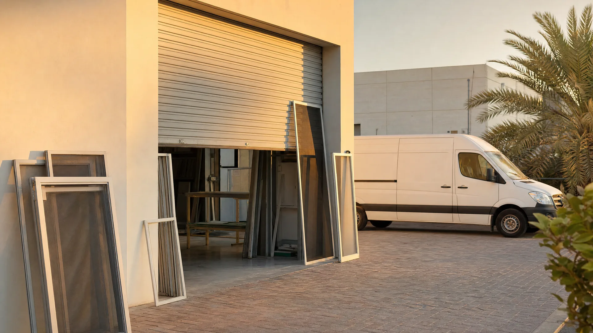 A mosquito screen workshop in Dubai: finished frames by the door and a van