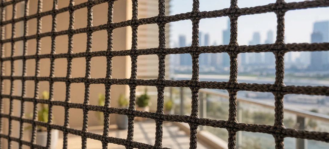 Macro of the reinforced bird-proof mesh with a balcony behind