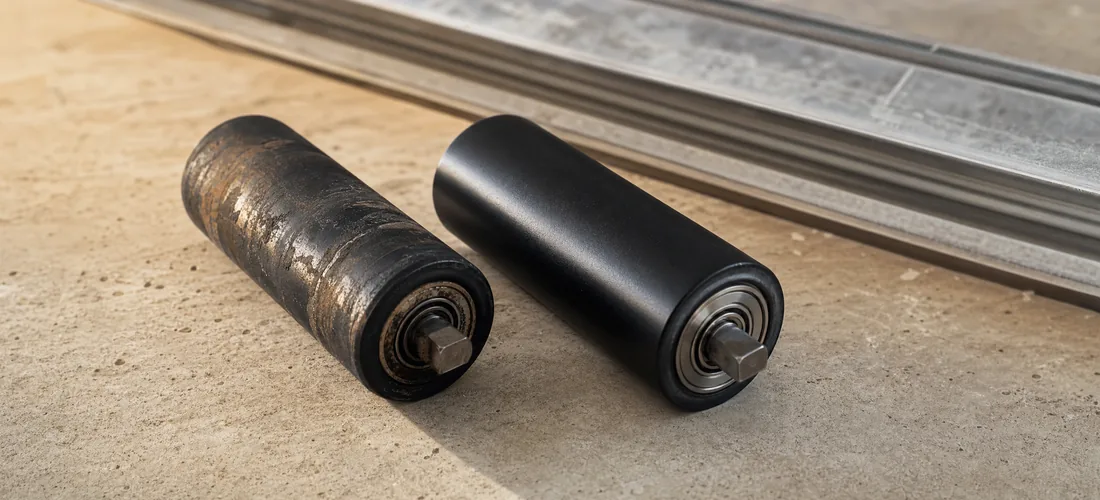 A worn roller next to a new one