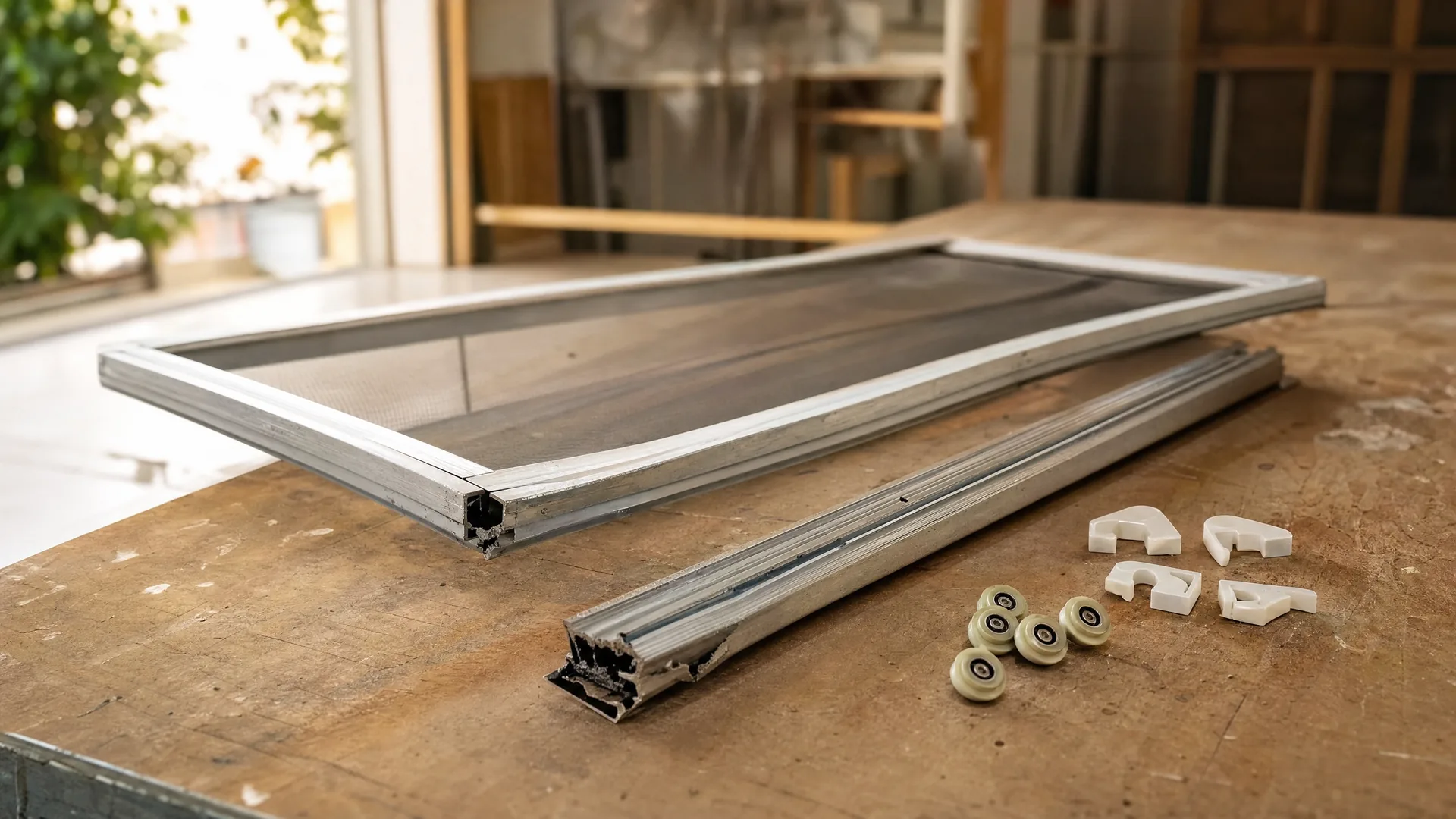 A bent frame and a guide rail on a bench with new rollers