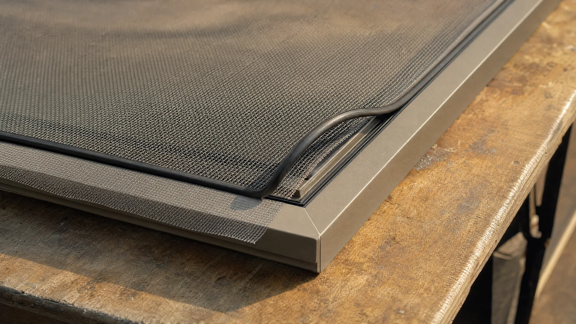 A frame with freshly tensioned mesh on a workshop table
