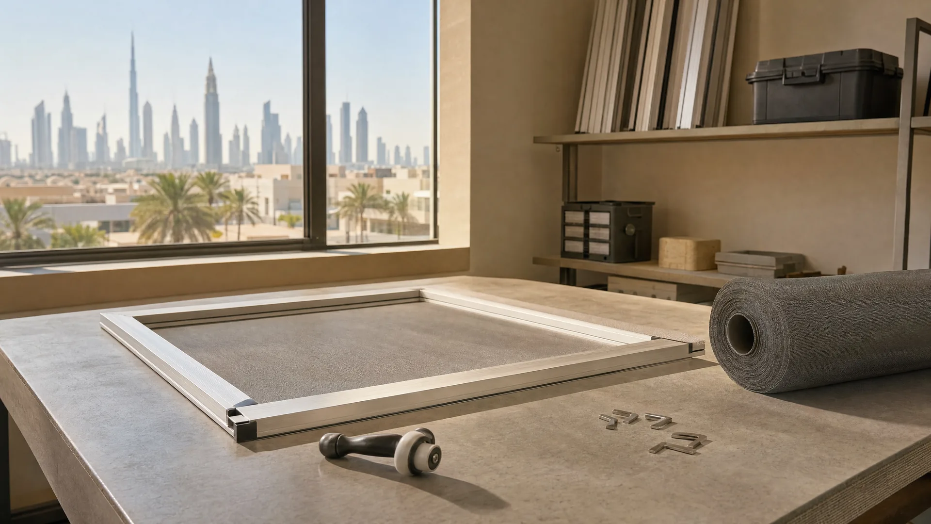 A screen frame on a workbench with a tool and a roll of mesh