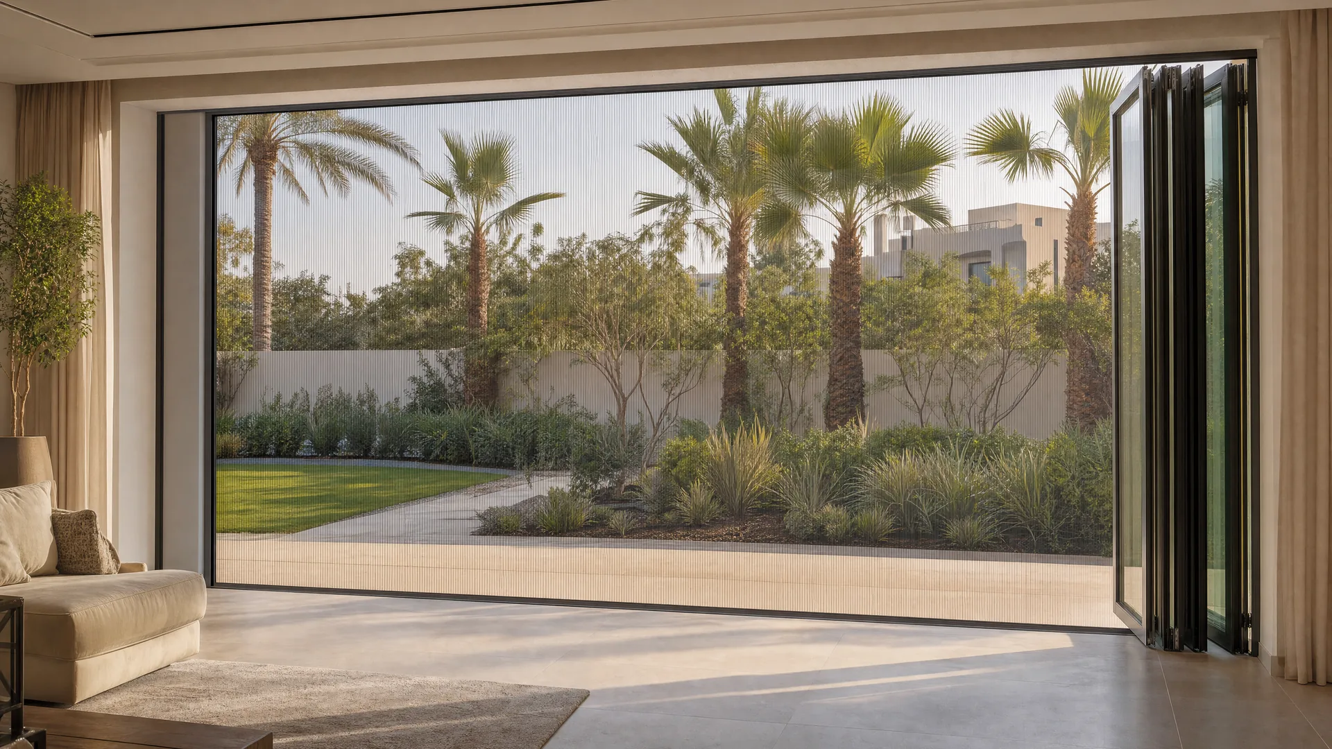 A stacked bi-fold door with a screen across the full span
