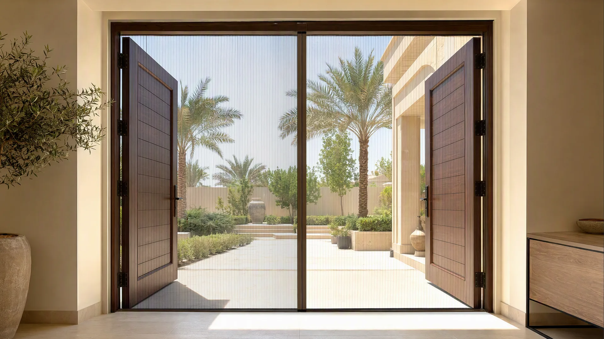 A double doorway of a villa screened on both halves