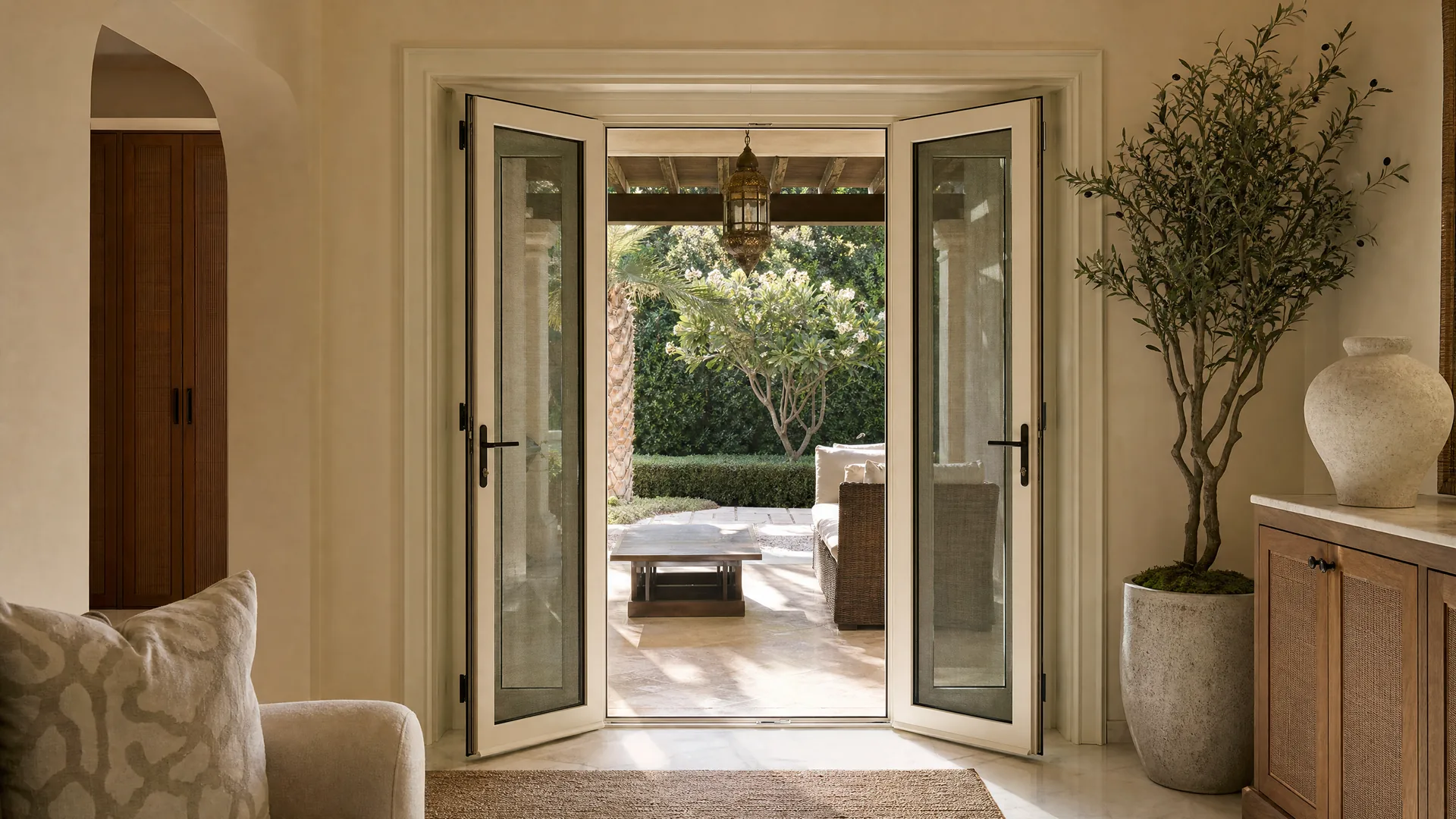French doors of a villa with screens on both leaves