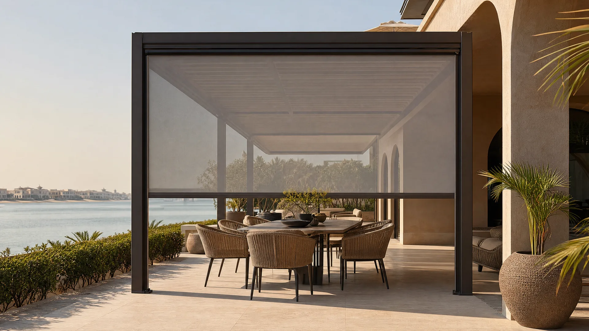 A zip-track screen on the pergola of a Dubai villa