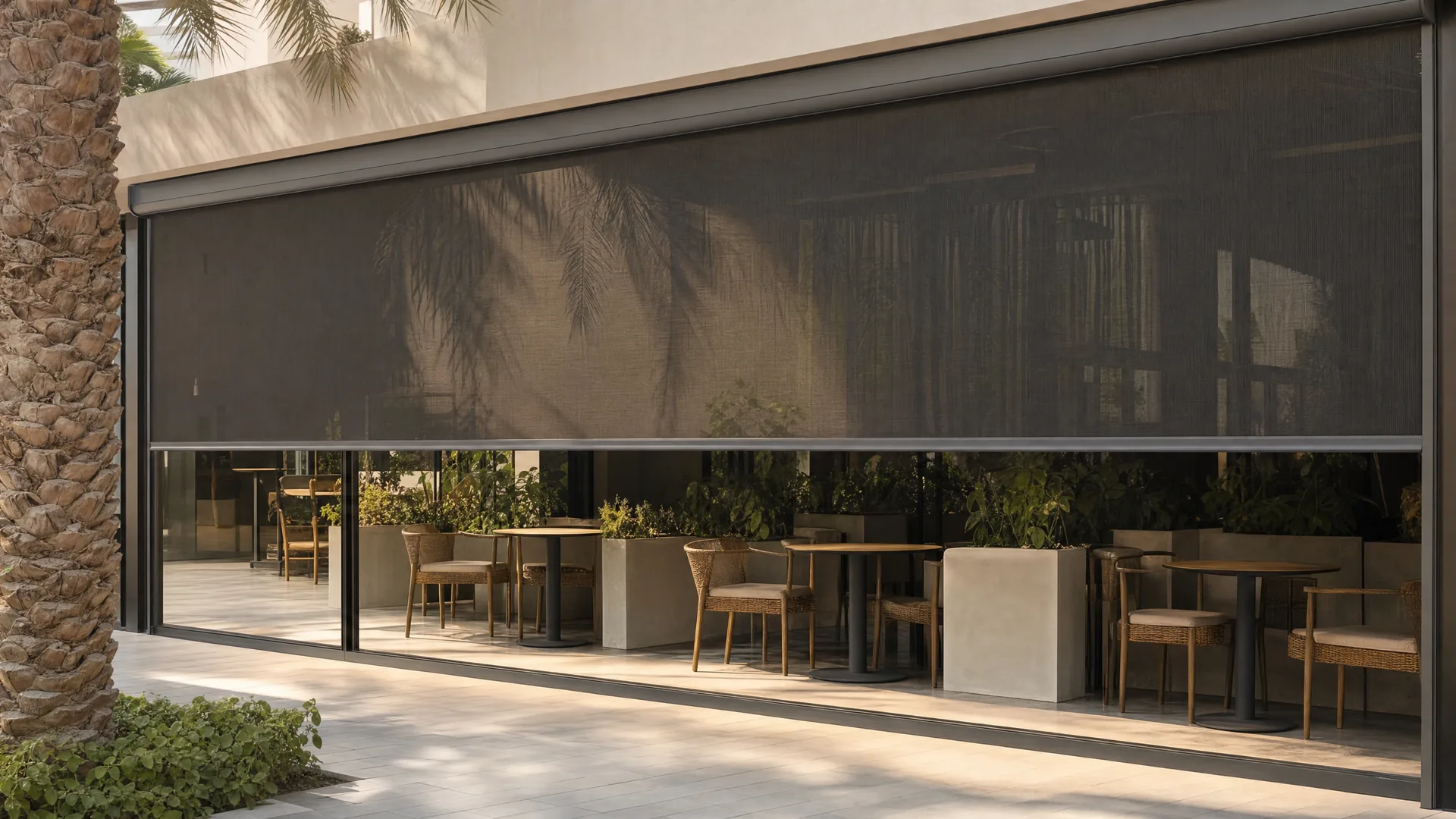 A motorised screen across a cafe frontage in Dubai