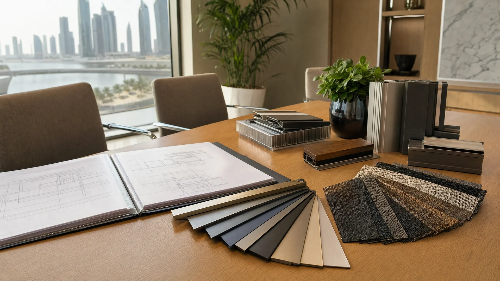 RAL profile samples and drawings on a meeting table