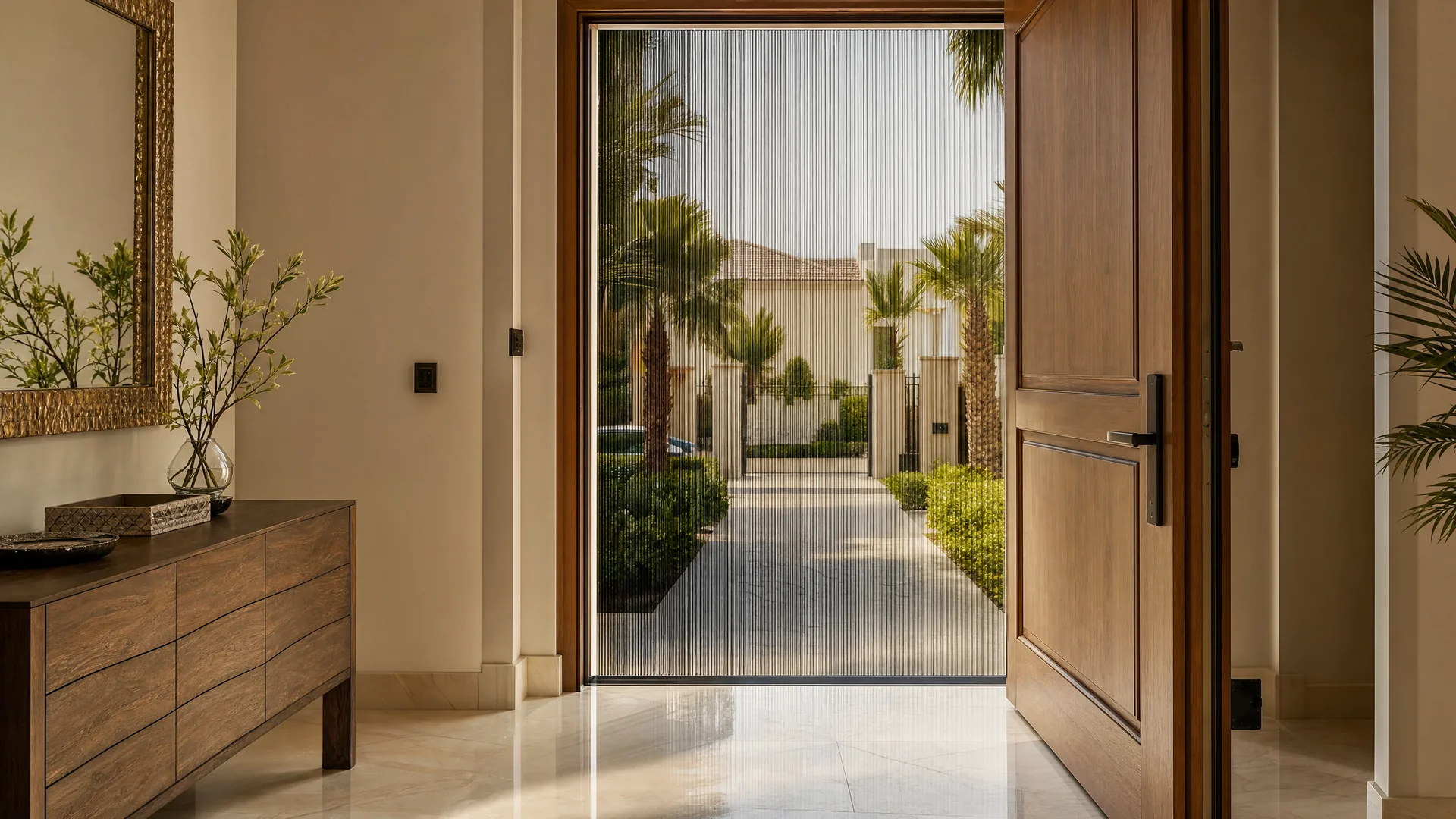 A pleated screen at a villa entrance door with the path to the gate beyond