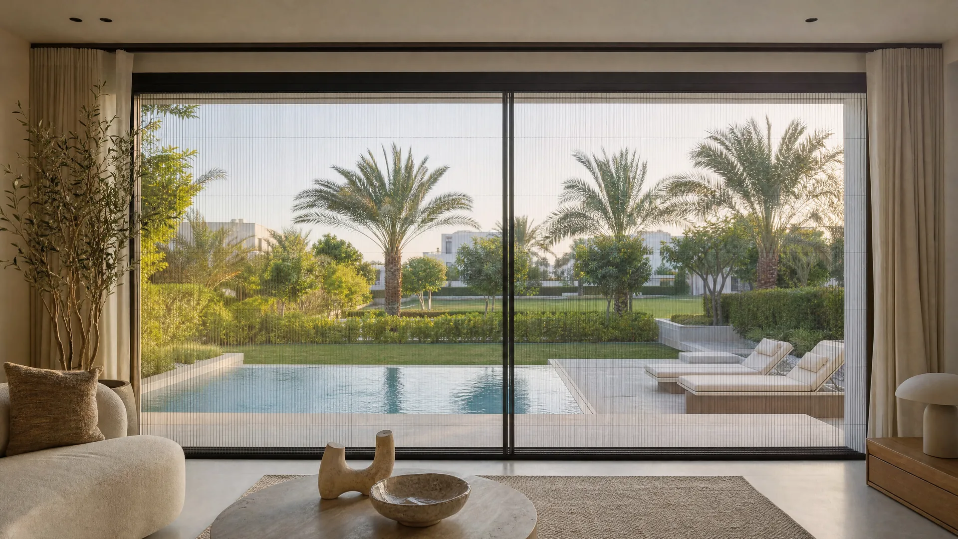A pleated screen along a sliding garden portal