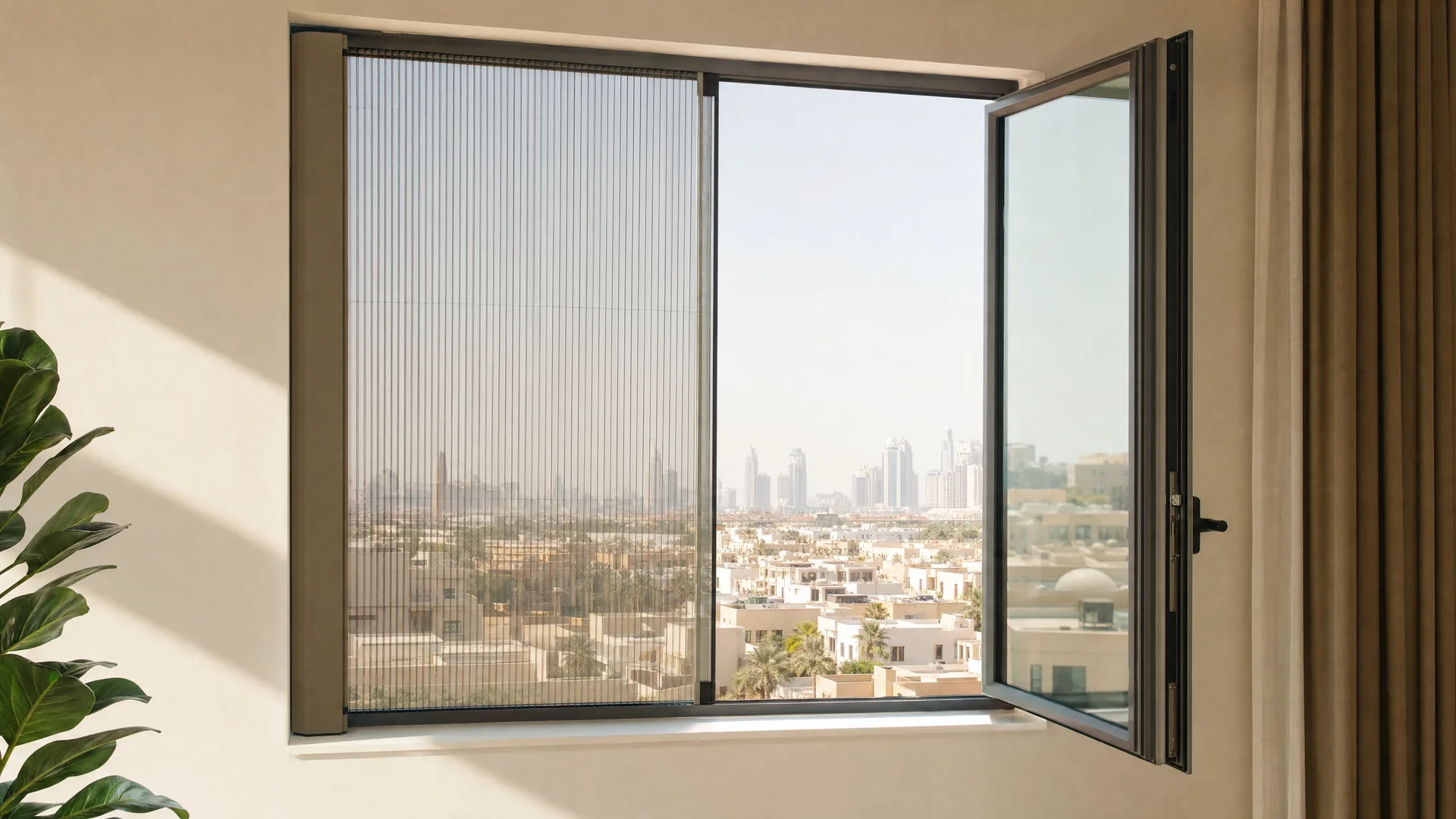 A pleated screen half drawn across a window in a Dubai flat