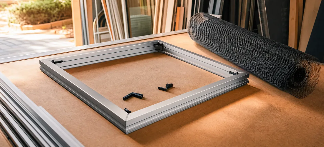 Assembling a frame: corner keys in the profile, a roll of mesh beside it