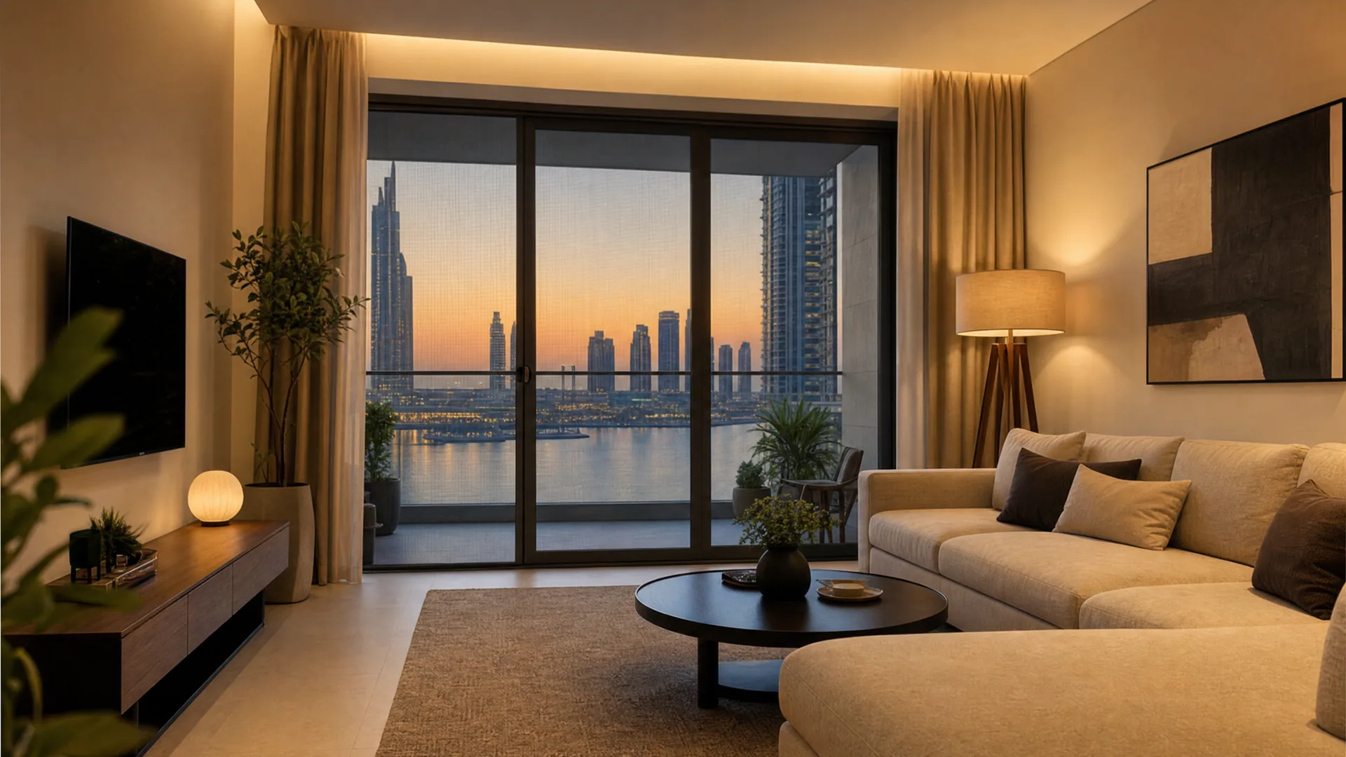A Dubai living room in the evening with the balcony screen closed