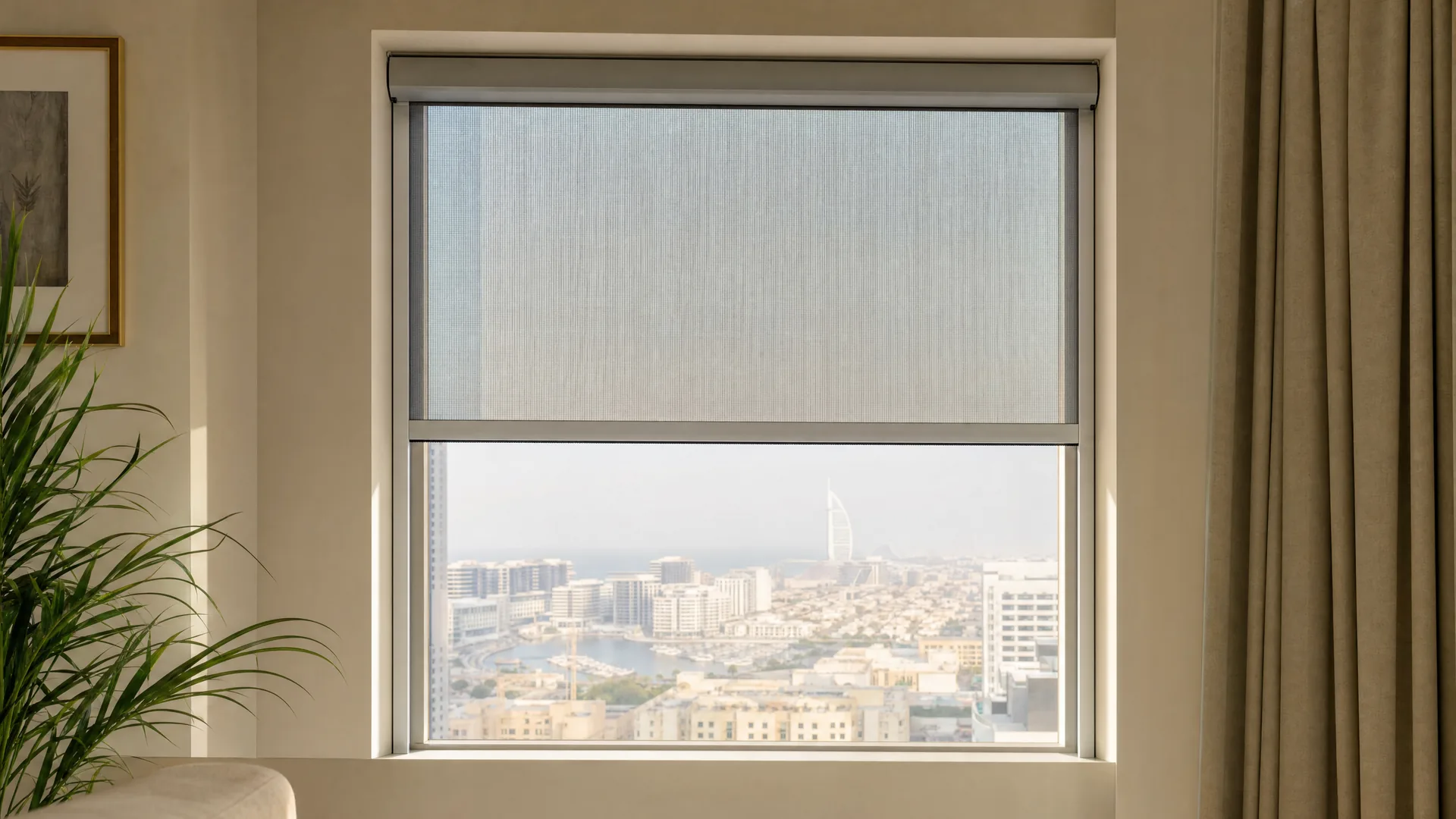 A roll-up screen halfway down from the cassette above a window