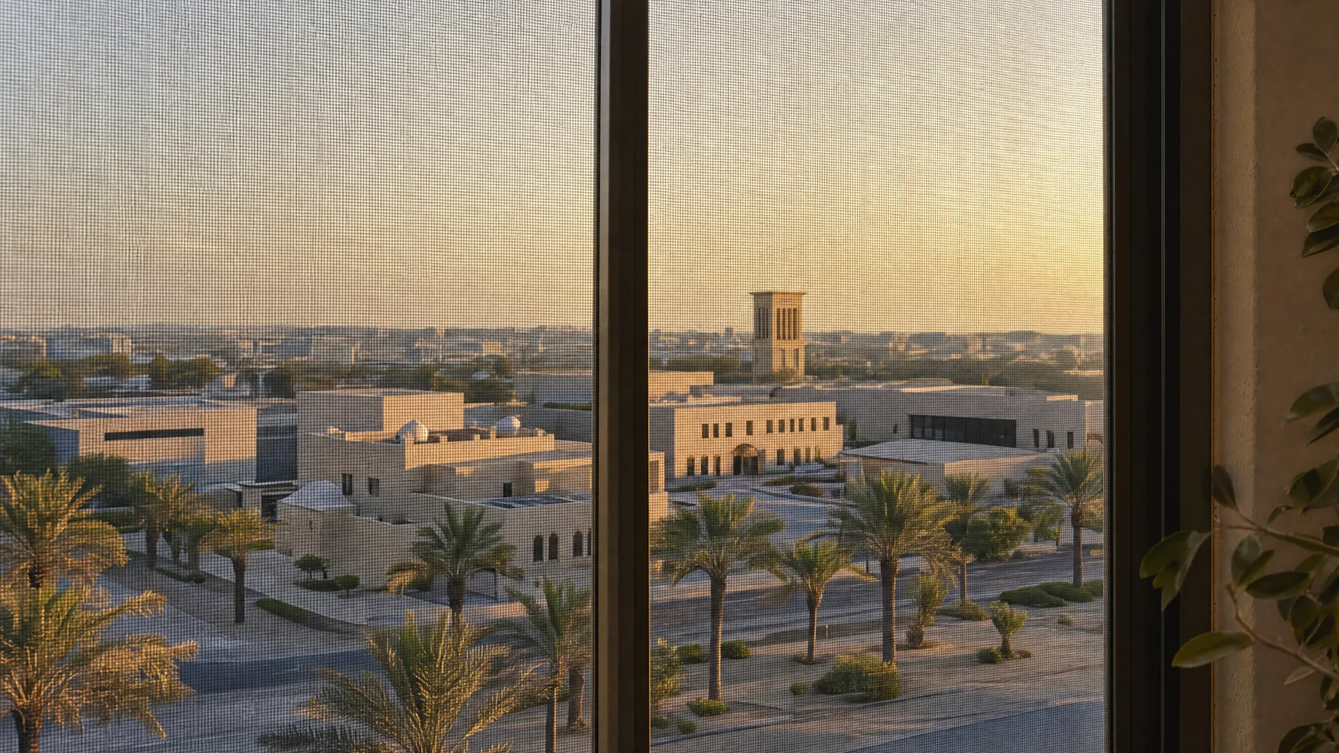 Typical Madinat Zayed architecture with an insect screen on the window in front