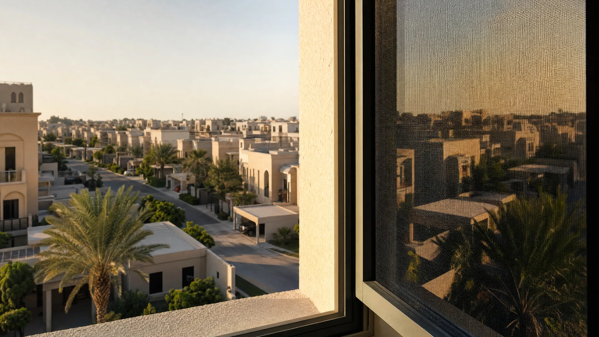 العمارة النموذجية في مدينة محمد بن زايد وشبك حماية على النافذة في المقدمة