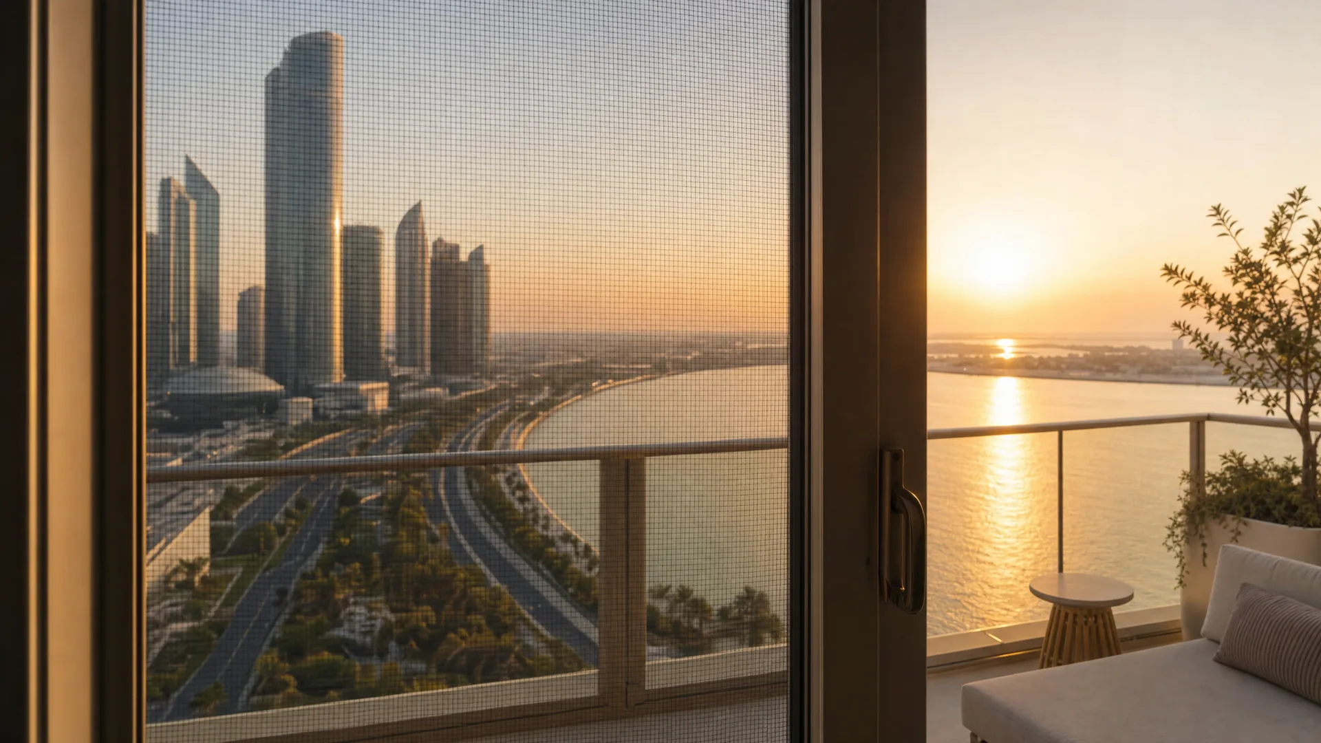 Typical Abu Dhabi architecture with an insect screen on the window in front