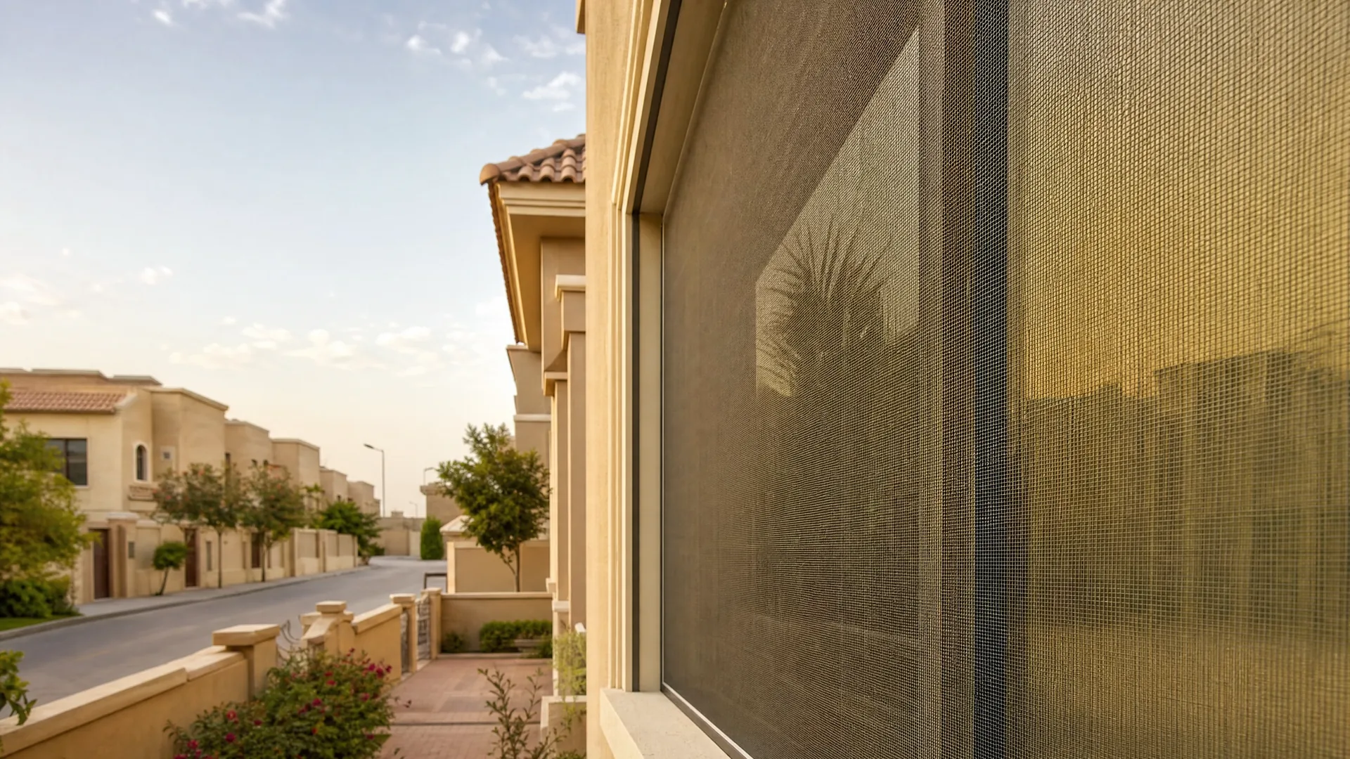 Typical Al Mowaihat architecture with an insect screen on the window in front