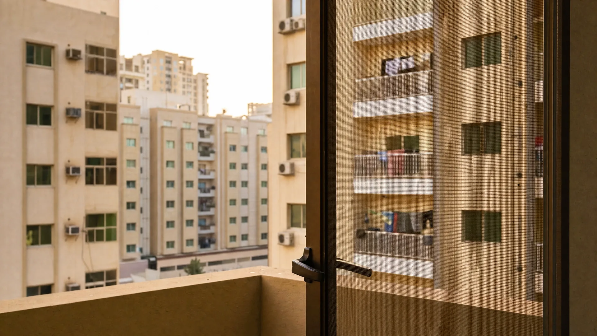 Typical Al Nuaimiya architecture with an insect screen on the window in front