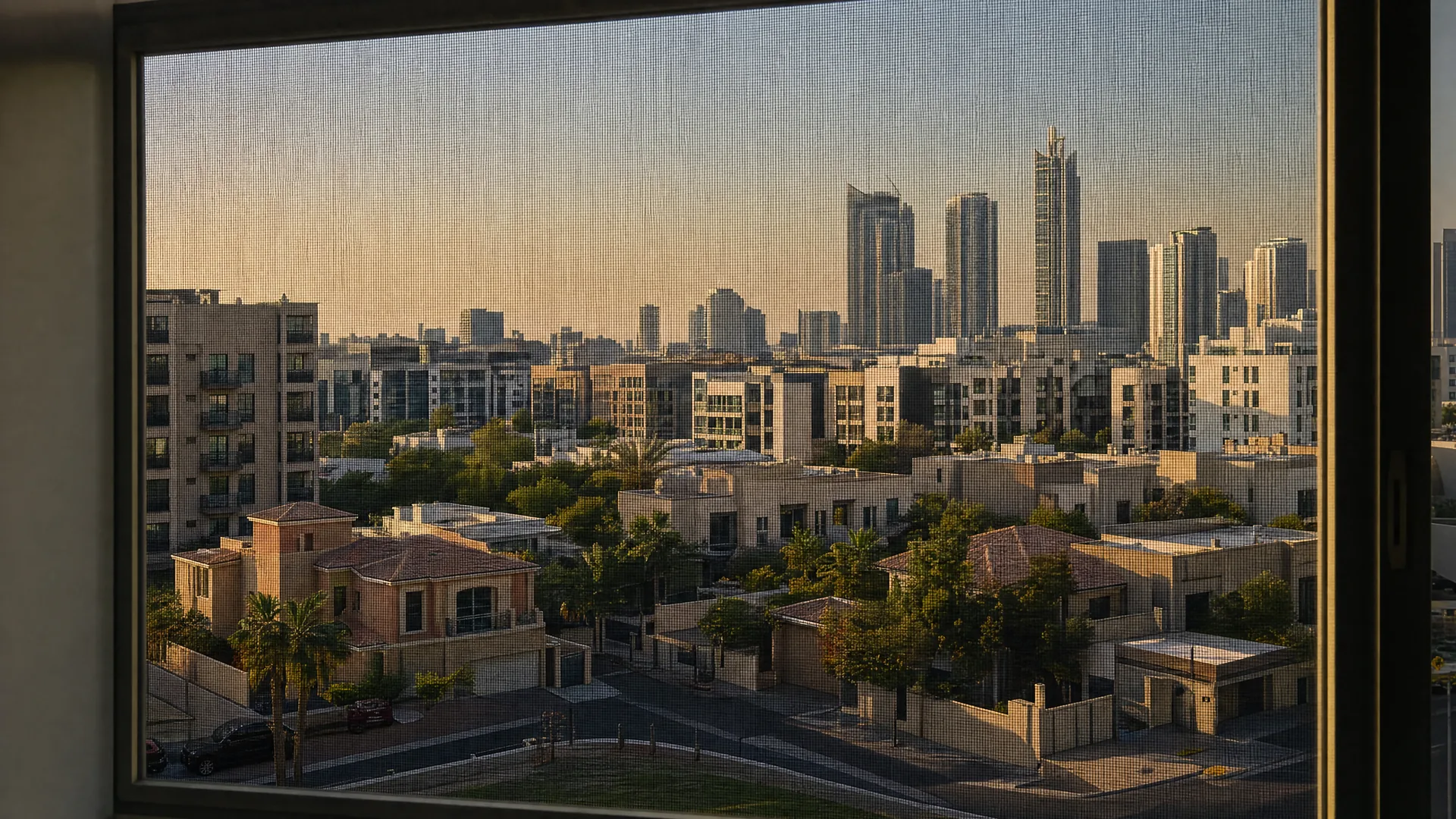 Типичная застройка: Al Barsha, окно с москитной сеткой на первом плане