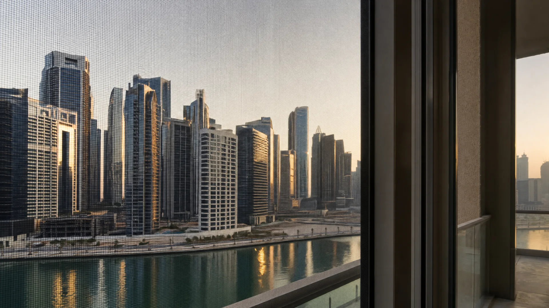 Typical Business Bay architecture with an insect screen on the window in front