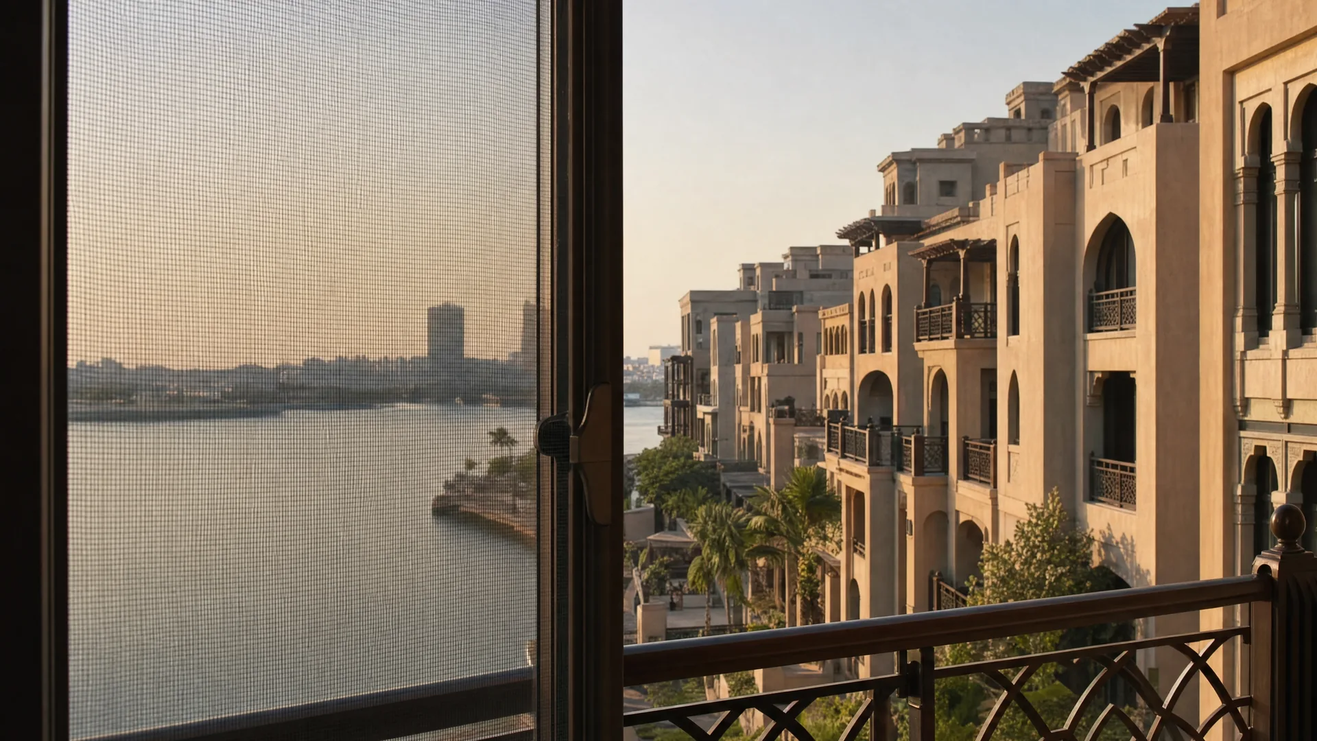العمارة النموذجية في قرية الثقافة وشبك حماية على النافذة في المقدمة