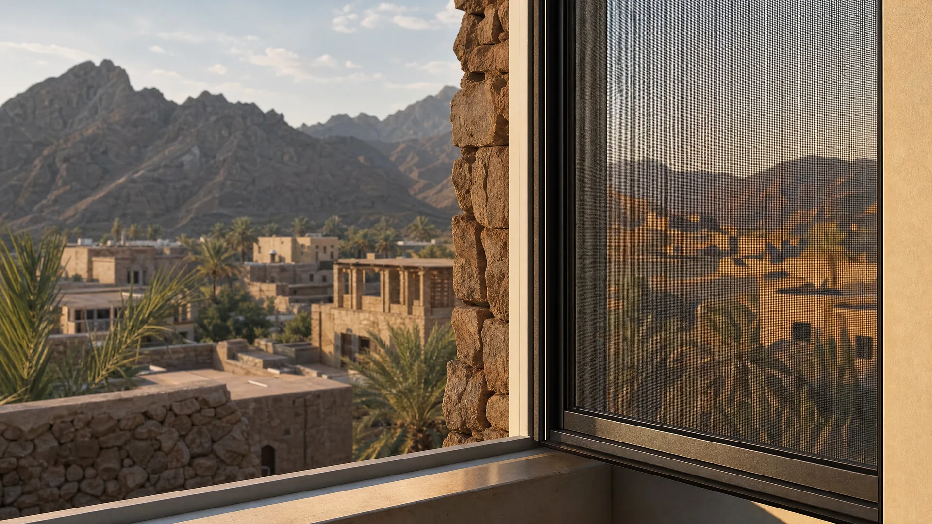 العمارة النموذجية في حتا وشبك حماية على النافذة في المقدمة