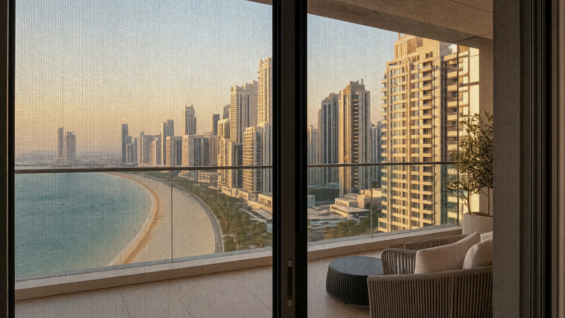 Typical JBR architecture with an insect screen on the window in front