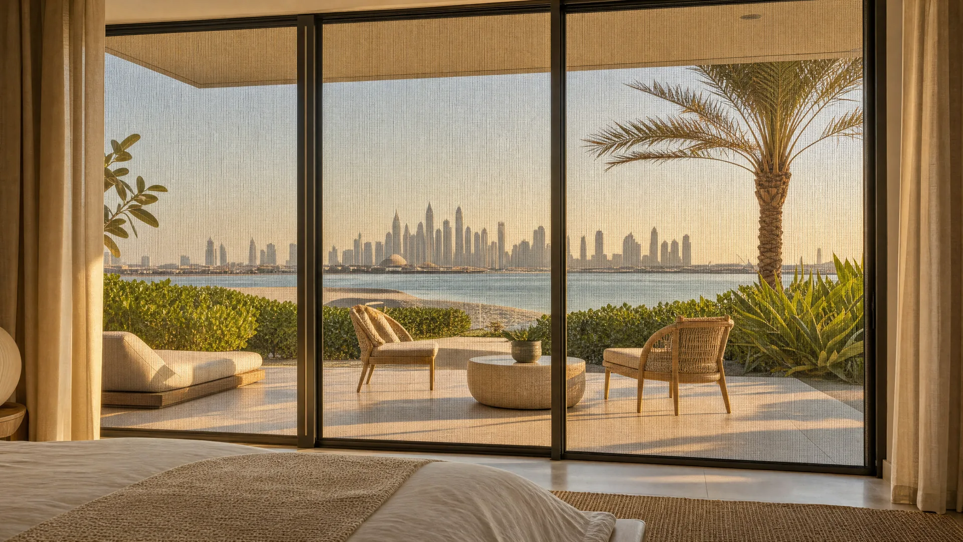 Типичная застройка: Palm Jumeirah, окно с москитной сеткой на первом плане