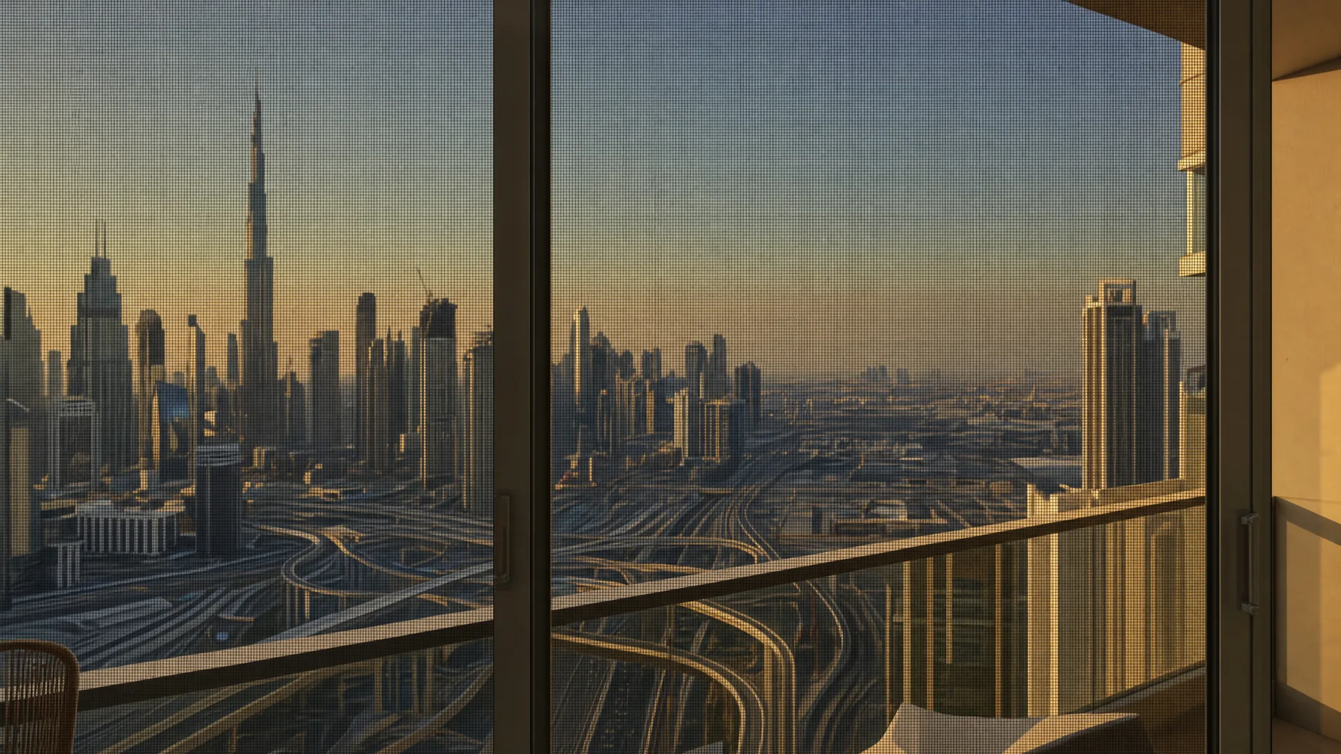 Typical Dubai architecture with an insect screen on the window in front