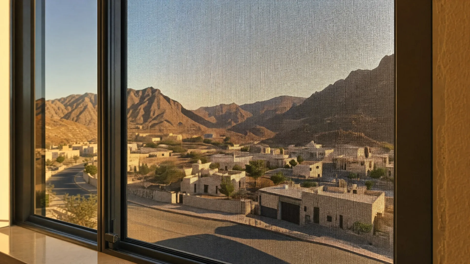 Typical Masafi architecture with an insect screen on the window in front