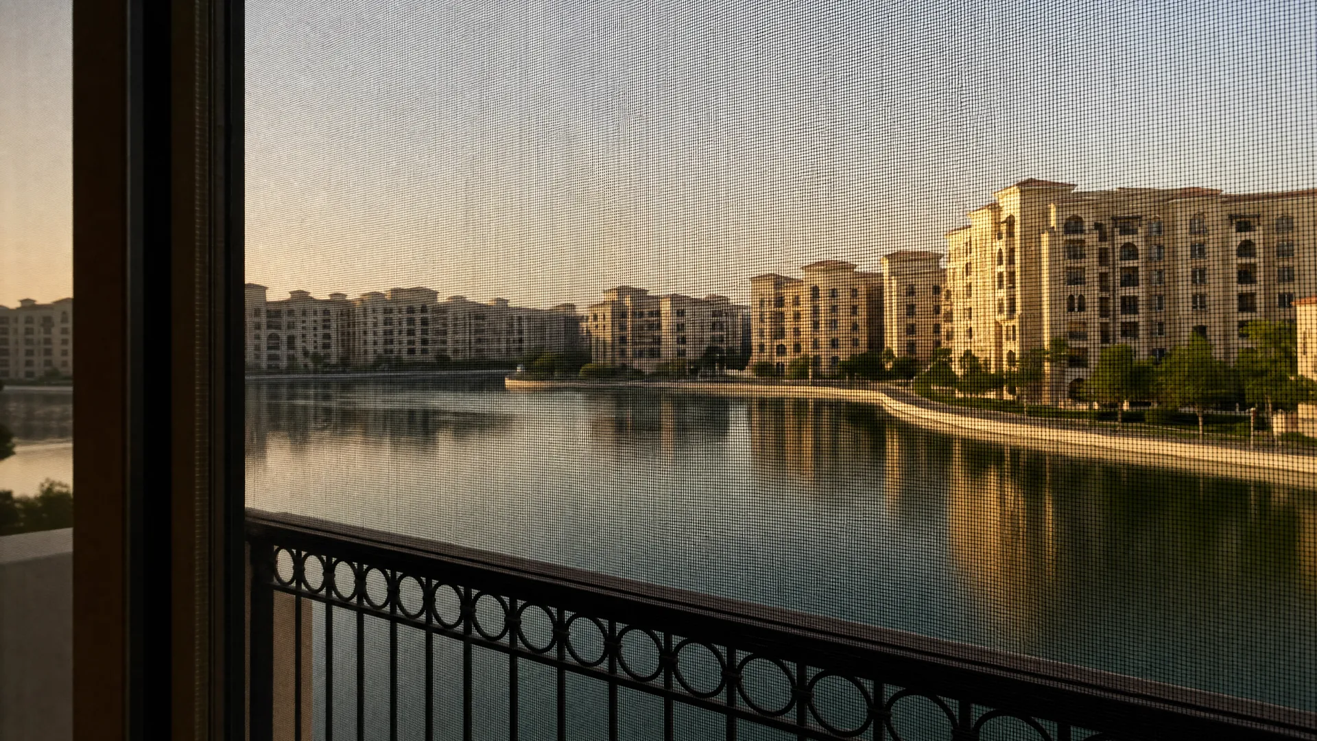 Typical Sharjah architecture with an insect screen on the window in front