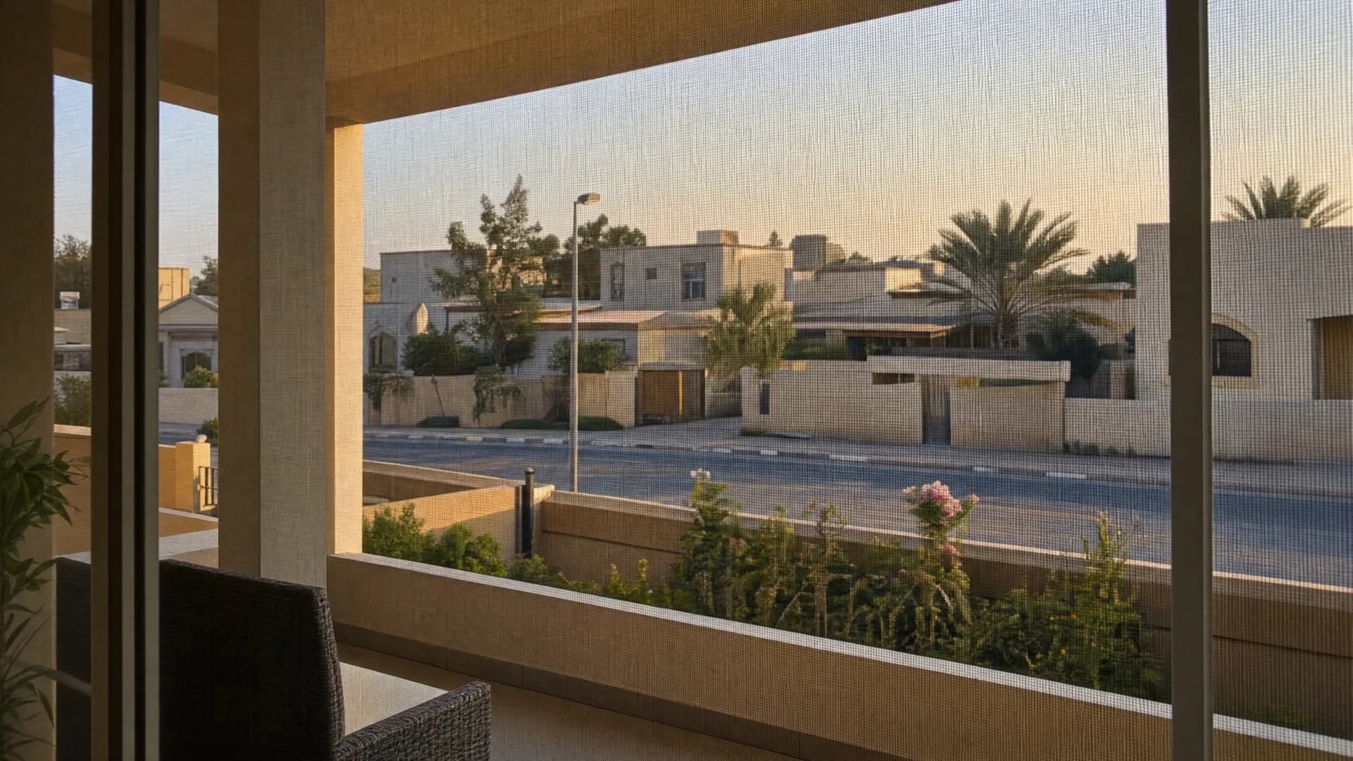 Typical Umm Al Quwain architecture with an insect screen on the window in front