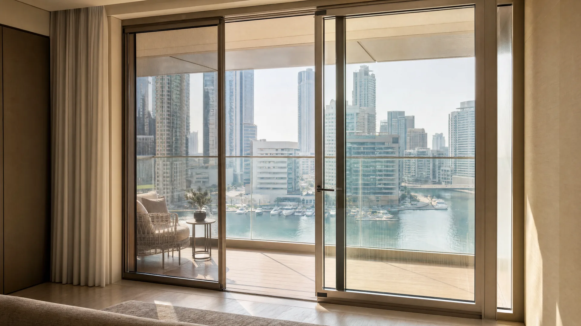 A sliding screen at a balcony door with a marina view