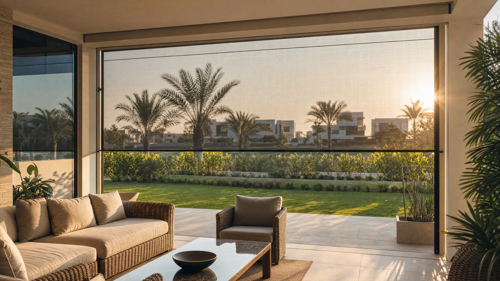 A sliding screen at a villa terrace opening