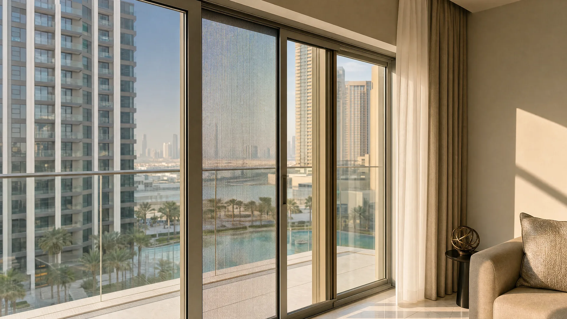 A sliding screen beside the sash of a window