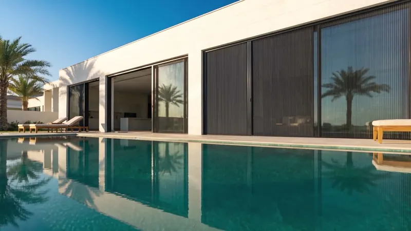 Pleated screens on villa doors by the pool
