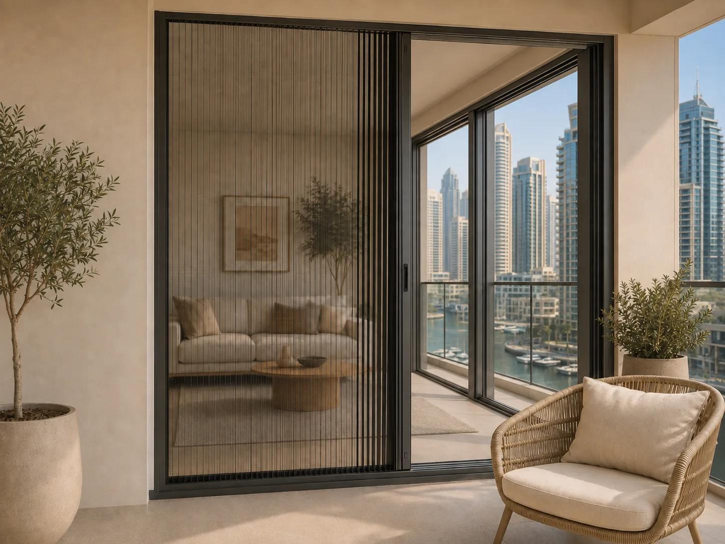 Pleated mosquito net on a balcony door
