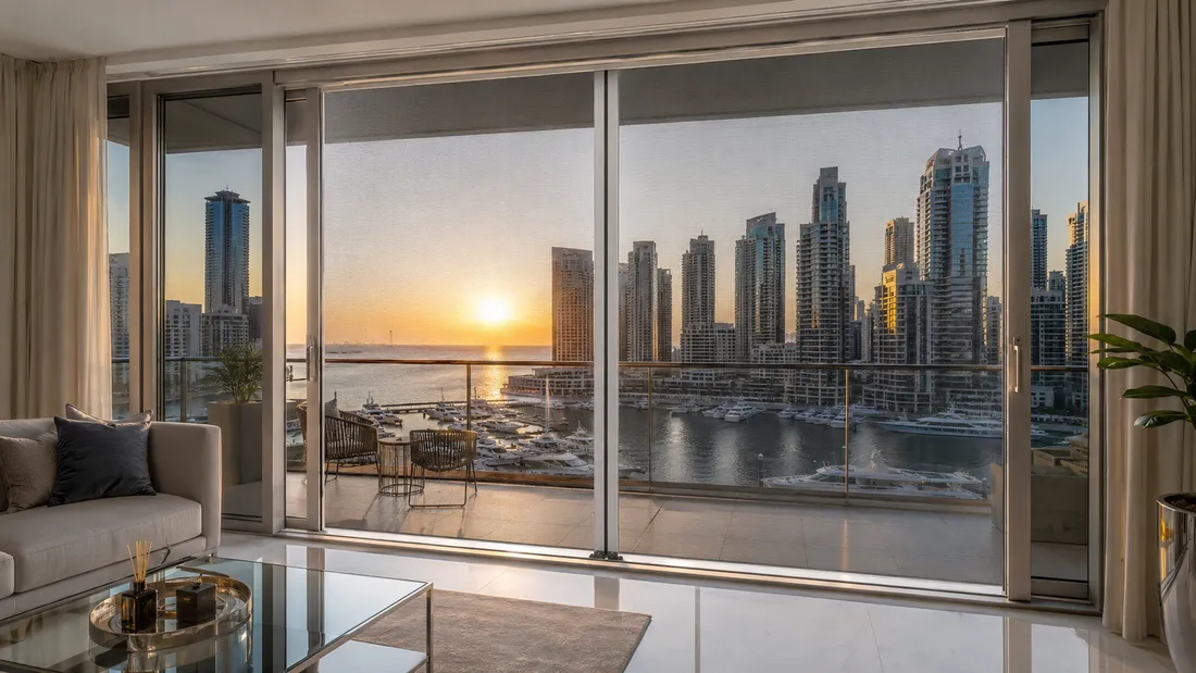 Screen in a living room with a city view