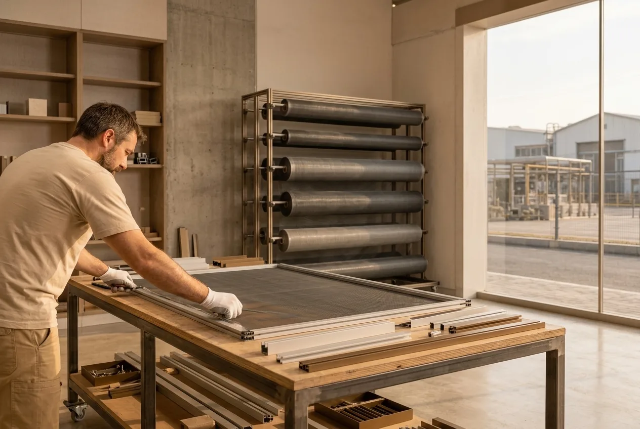 A fitter stretching fabric onto a frame